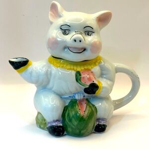 Vintage Cute & Sassy Ceramic Anthropomorphic Piggy Eating Watermelon Teapot Pig